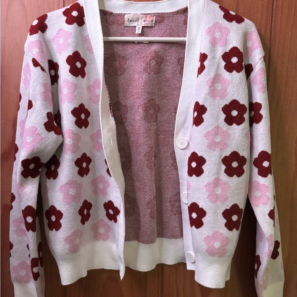 Floral Patterned Cardigan Sweater - Pink and Red
